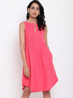 trueBrowns - Linen Cotton Pink Pin-Tucks Dress