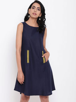 trueBrowns - Linen Cotton Navy Blue Lace Dress