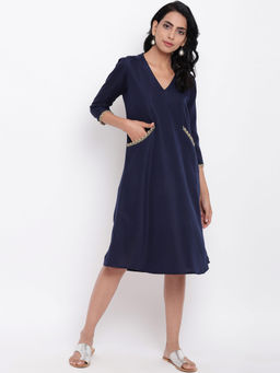 trueBrowns - Linen Cotton Navy Blue Jute Pocket Dress