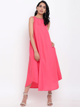 trueBrowns - Linen Cotton Pink Jute Long Dress