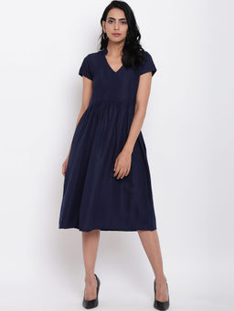 trueBrowns - Linen Cotton Navy Blue Office Dress