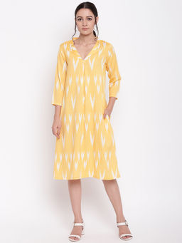 trueBrowns - Yellow Print Neck-Gather Dress