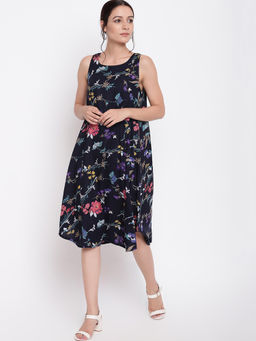 trueBrowns - Navy Blue Floral Printed Dress