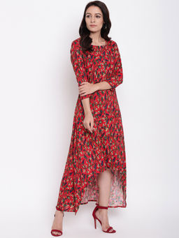 trueBrowns - Red Floral Printed Assymetrical Dress