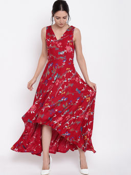 trueBrowns - Red Floral Assymetrical Flared Dress