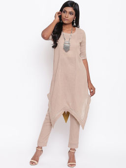 trueBrowns - Nude Gota Asymmetric Kurta With Pant - Set Of 2