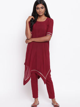 trueBrowns - Maroon Gota Asymmetric Kurta With Pant - Set Of 2