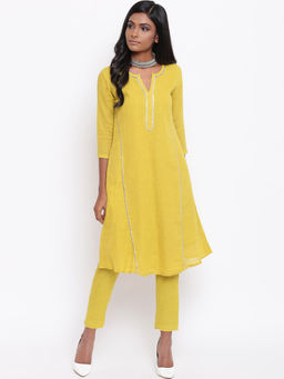 trueBrowns - Lime Green Gota Panel Kurta With Pant - Set Of 2