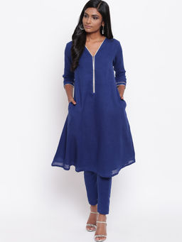 trueBrowns - Blue Gota Neck Kurta With Pant - Set Of 2