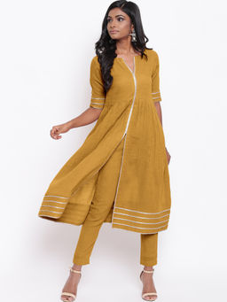 trueBrowns - Mustard Gota Slit Kurta With Pant - Set Of 2