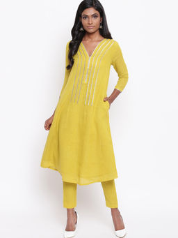 trueBrowns - Lime Green Gota Kurta With Pant - Set Of 2