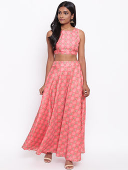 trueBrowns - Pink Printed Skirt With Top (Set of 2)