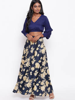 trueBrowns - Navy Blue Floral Skirt With Top (Set of 2)