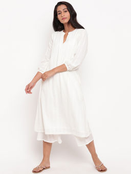 trueBrowns - White Pure Cotton Dobby Lace Hem Kurta