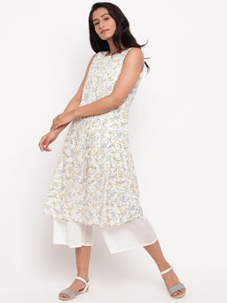 trueBrowns - Pure Cotton Yellow Floral Pleats Kurta