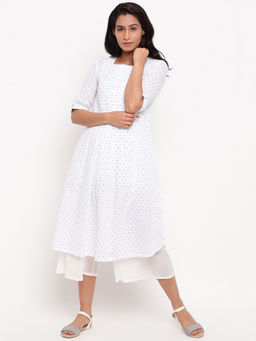 trueBrowns - White Blue Pure Cotton Dobby Pleats Kurta
