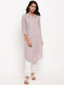 trueBrowns - Organic Cotton Pink Grid Collar Slit Kurta