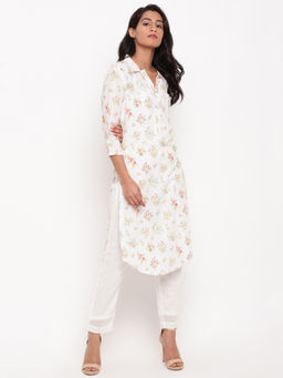 trueBrowns - Pure Cotton Multi Floral Collar Slit Kurta