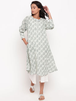 trueBrowns - Pure Cotton Gauze Green Floral Cuff Kurta