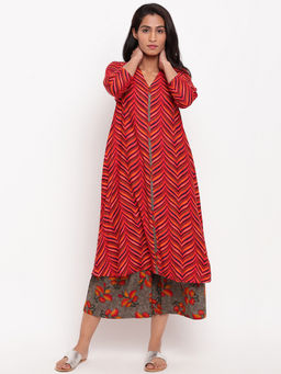 trueBrowns - Pure Cotton Red Chevron Kurta And Pant (Set of 2)