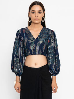 trueBrowns - Blue Gold Foil Balloon Sleeve Blouse