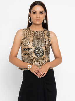 trueBrowns - Beige Gold Foil Silk Sleeveless Blouse