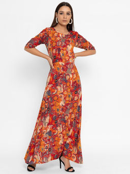 trueBrowns - Red Cotton Blend Flare Maxi Dress