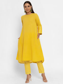 trueBrowns - Yellow Khadi Flare Kurta With Pant (Set of 2)