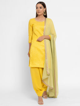 trueBrowns - Yellow Chanderi Striped Tassel Kurta With Patiala And Dupatta (Set of 3)