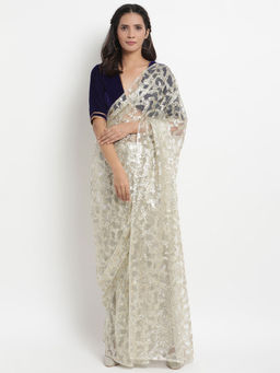 trueBrowns - Beige Net Sequin Saree