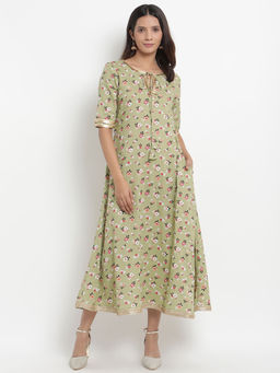 trueBrowns - Green Printed Tassel Flared Dress
