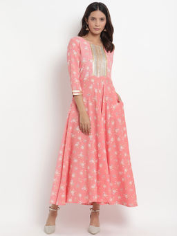 trueBrowns - Pink Printed Flared Gota Dress