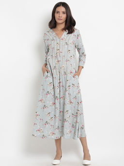 trueBrowns - Blue Printed Flared Gota Dress