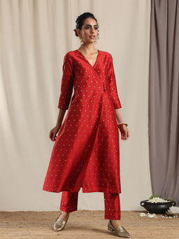 trueBrowns - Red Silk Angrakha Kurta & Pant (Set of 2)
