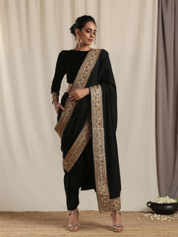 trueBrowns - Black Crinkle Ready To Wear Embroidered Pre Draped Saree