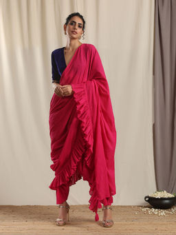 trueBrowns - Pink Crinkle Ready To Wear Ruffle Tassel Pre Draped Saree