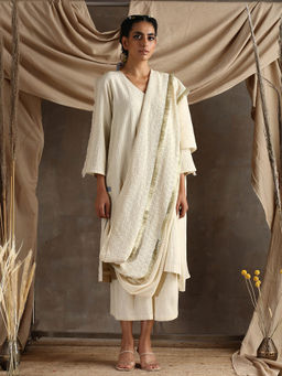 trueBrowns - Ivory Cotton Khadi Lace Saree