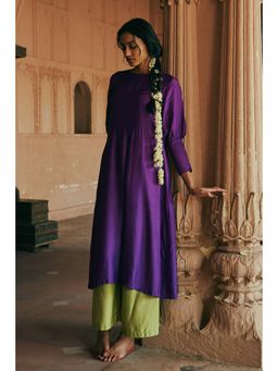 trueBrowns - Silk Purple Gathered Sleeve Flared Kurta Palazzo (Set of 2)