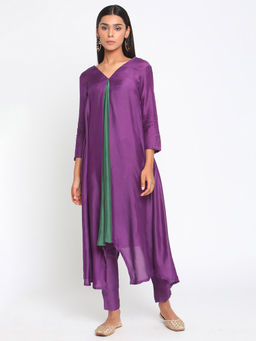 trueBrowns - Silk Purple Flared Asymmetric Kurta Pant (Set of 2)