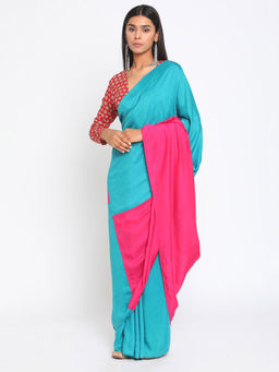 trueBrowns - Silk Aqua Blue Pink Ready Pleated Saree without Blouse