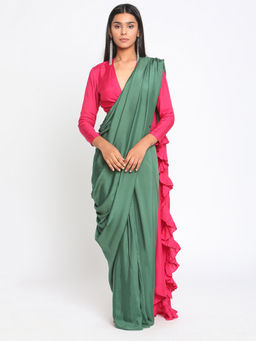 trueBrowns - Silk Green Pink Ruffled Ready Pleated Saree without Blouse
