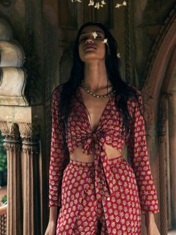 trueBrowns - Red Hand Block Printed Tie Up Silk Blouse