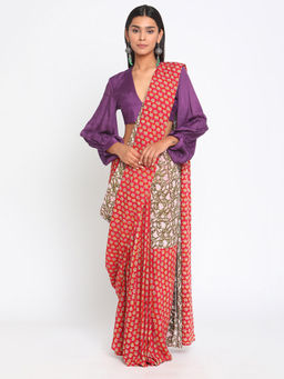 trueBrowns - Red Olive Green Hand Block Printed Ready Pleated Silk Saree without Blouse