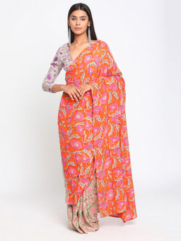 trueBrowns - Orange Green Hand Block Printed Ready Pleated Silk Saree without Blouse