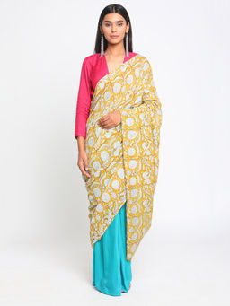 trueBrowns - Aqua Yellow Hand Block Printed Ready Pleated Silk Saree without Blouse
