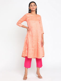trueBrowns - Chanderi Peach Striped Flared Kurta