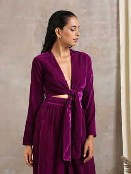 trueBrowns - Wine Velvet Tie Up Blouse