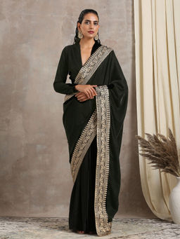 trueBrowns - Black Velvet Silk Embroidered Lace Ready Pleated Saree without Blouse