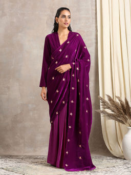 trueBrowns - Wine Velvet Silk Embroidered Ready To Wear Saree