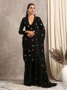 trueBrowns - Black Velvet Silk Embroidered Ready To Wear Saree